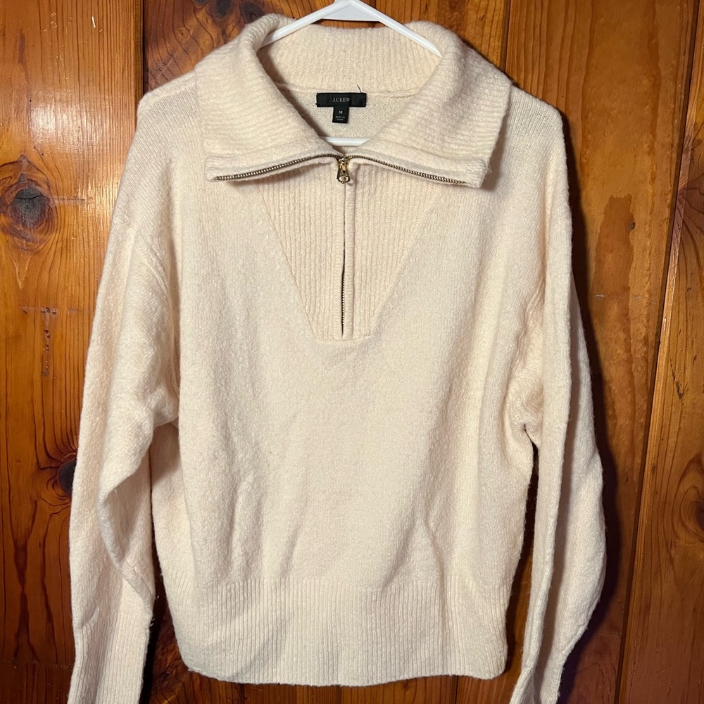 J. Crew Cream White Collared Neck Zipper Sweater Medium M